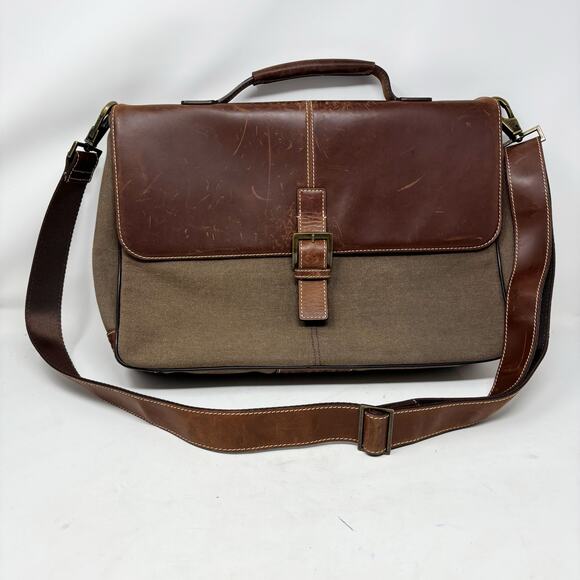 Boconi Messenger Lap Top Bag Flap Front Canvas and Leather Brass Hardware - Picture 2 of 16